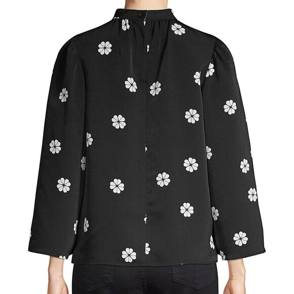 Kate Spade Blouse Womens Black Mock Neck Floral Puff Bell Sleeve Crepe Top - Picture 8 of 10